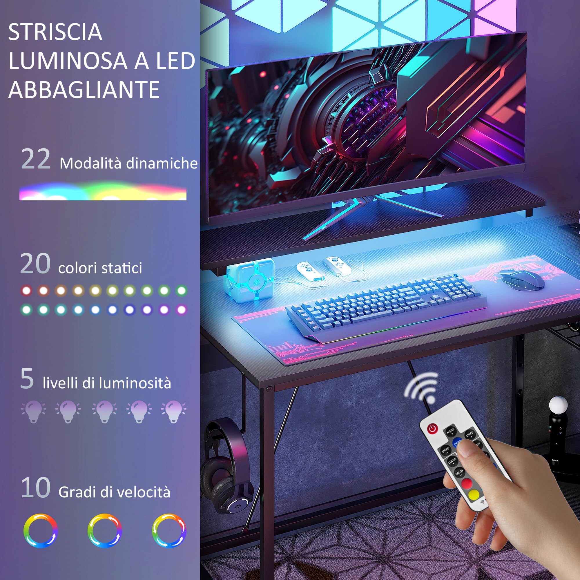 HOMCOM Scrivania Angolare con Luci LED, Prese USB, Supporto Monitor, Nero | Prese di Corrente, Scrivania da Gaming e Ufficio, Design Reversibile, con Ripiani