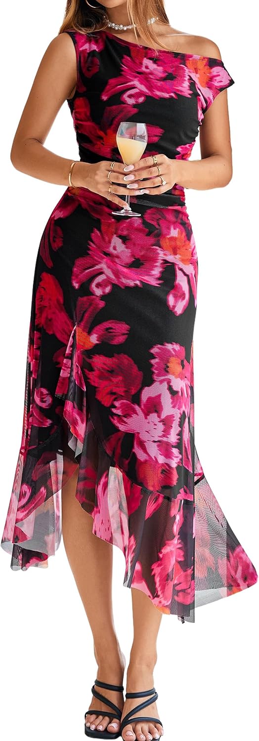 BerryGo Women Summer One Shoulder Maxi Dress Floral Ruched Mesh Bodycon Asymmetrical Date Night Formal Wedding Guest Dress