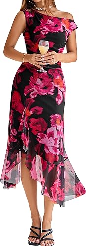 BerryGo Women Summer One Shoulder Maxi Dress Floral Ruched Mesh Bodycon Asymmetrical Date Night Formal Wedding Guest Dress
