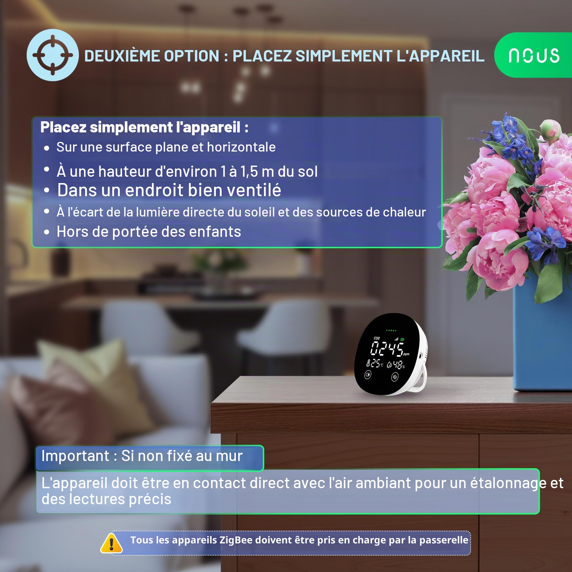 NOUS E10 Détecteur ZigBee CO2 avec Capteur de Température & Humidité, Moniteur Intelligent de Qualité de l’Air, Écran LED, Alertes Sonores&App, Suivi en Temps Réel, Zigbee 3.0, Compatible Alexa & Tuya