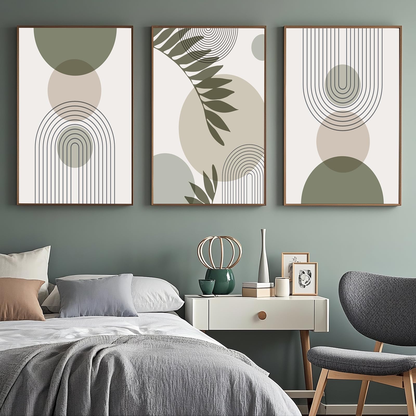 PWAAHDC Set di 3 Stampe Artistiche da Parete su Tela Verde Salvia - Poster Moderni e Minimalisti per Decorazioni Eleganti in Stile Boho - Senza Cornice, 40 x 60 cm