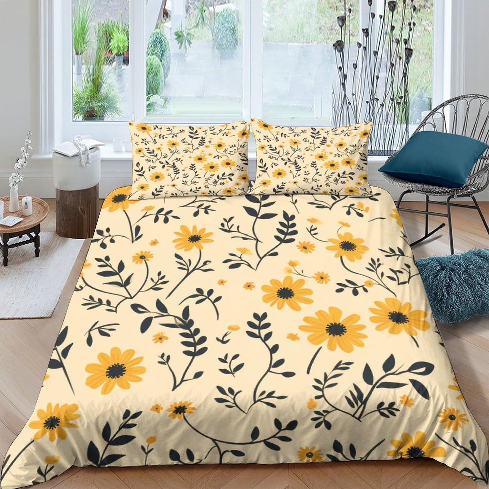 Housses de couettes IOFEER tissu anti-bouloche parure 3 pièces jaune pour lit king