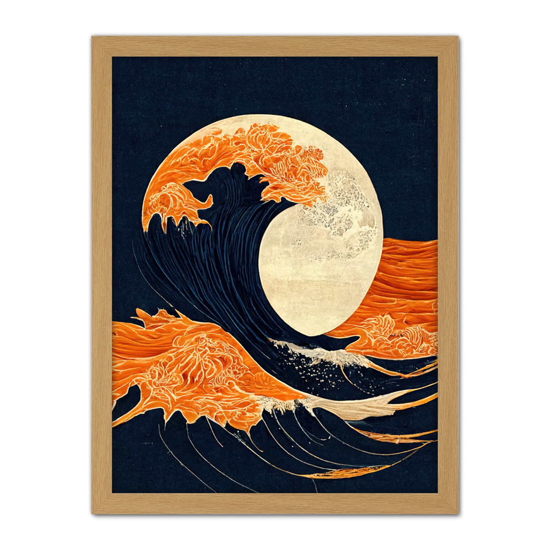 Wee Blue Coo The Great Wave at Full Moon Modern Japanese Seascape Woodblock Artwork Framed Wall Art Print 18X24 Inch