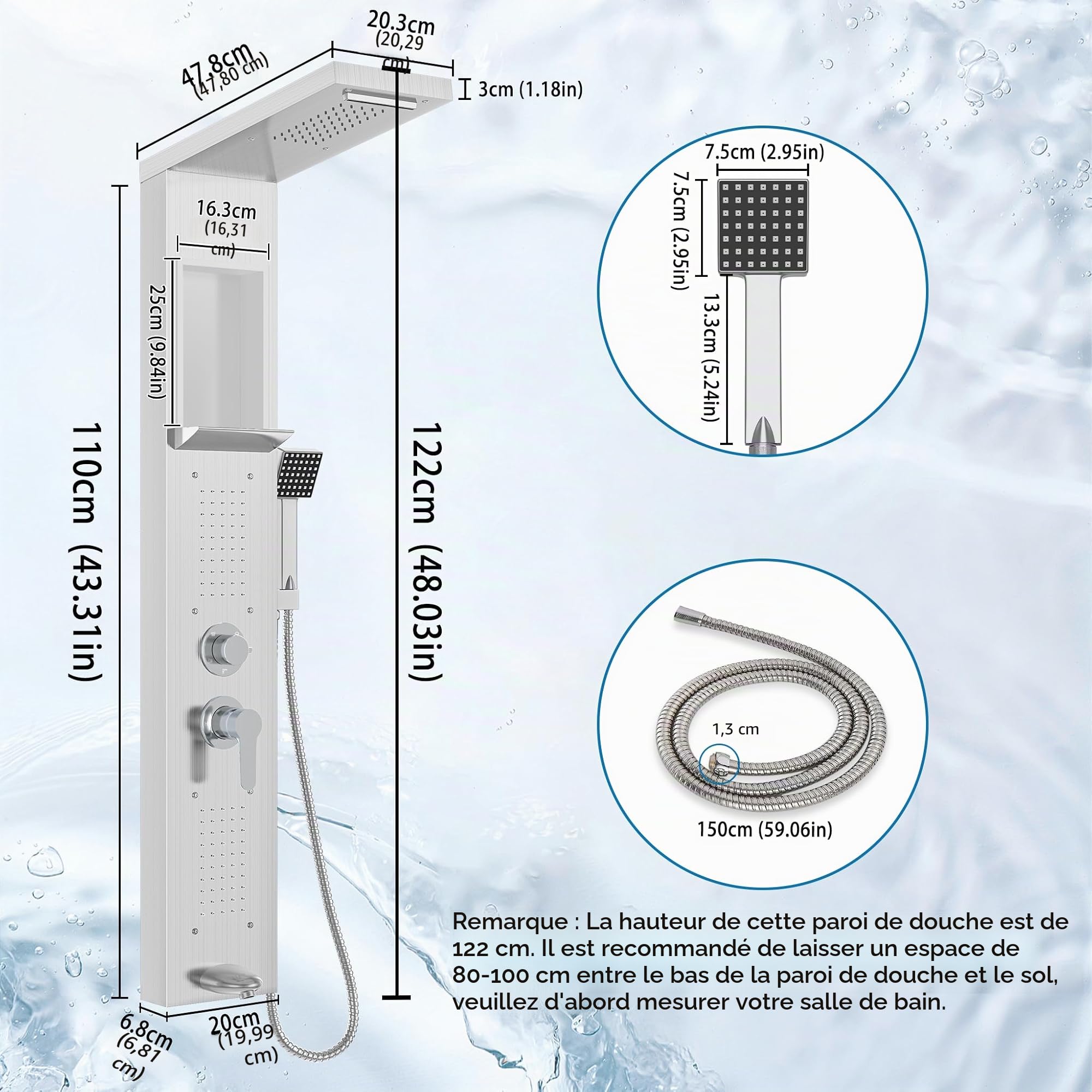 Aufun Panneau de douche en acier inoxydable avec étagère et robinet, colonne de douche 5 fonctions, pluie et brouillard, 4 jets de massage grand angle réglables, douchette et bec de baignoire cascade
