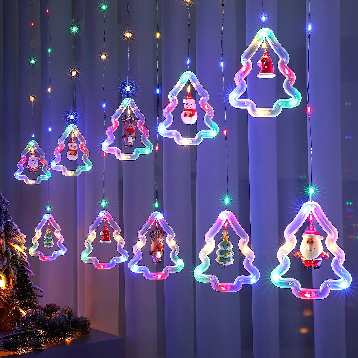 Beauenty Christmas Window Lights Lighted Xmas Window Decorations - Tree Shape Ring Light with Ornament Curtain Light Indoor - Hanging Lights for Christmas Home Bedroom Decor (Multicolor)