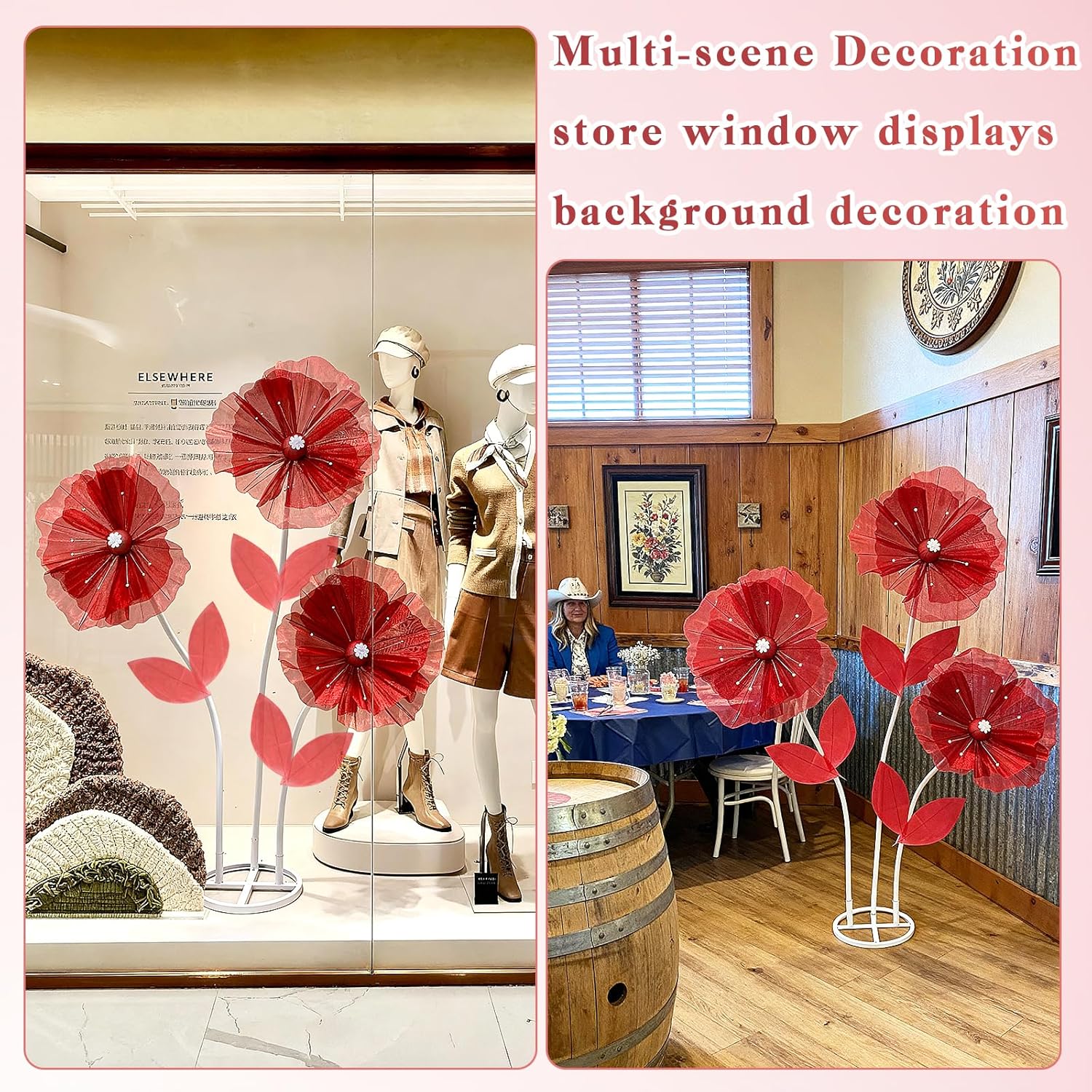 WARMALL 3PCS Giant Flowers for Decoration, 5.9Ft Large Artificial Silk Flower with Stems and Stands, Wedding Party Banquet Graduation Home Garden Shop Window Photography Props Background Decor（Red）