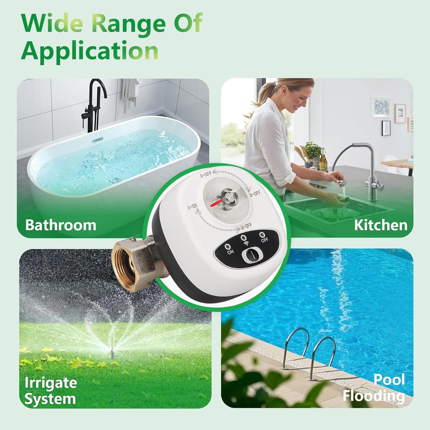 Collage of WENGART Smart Valve applications: bathroom, kitchen, irrigation, pool flooding