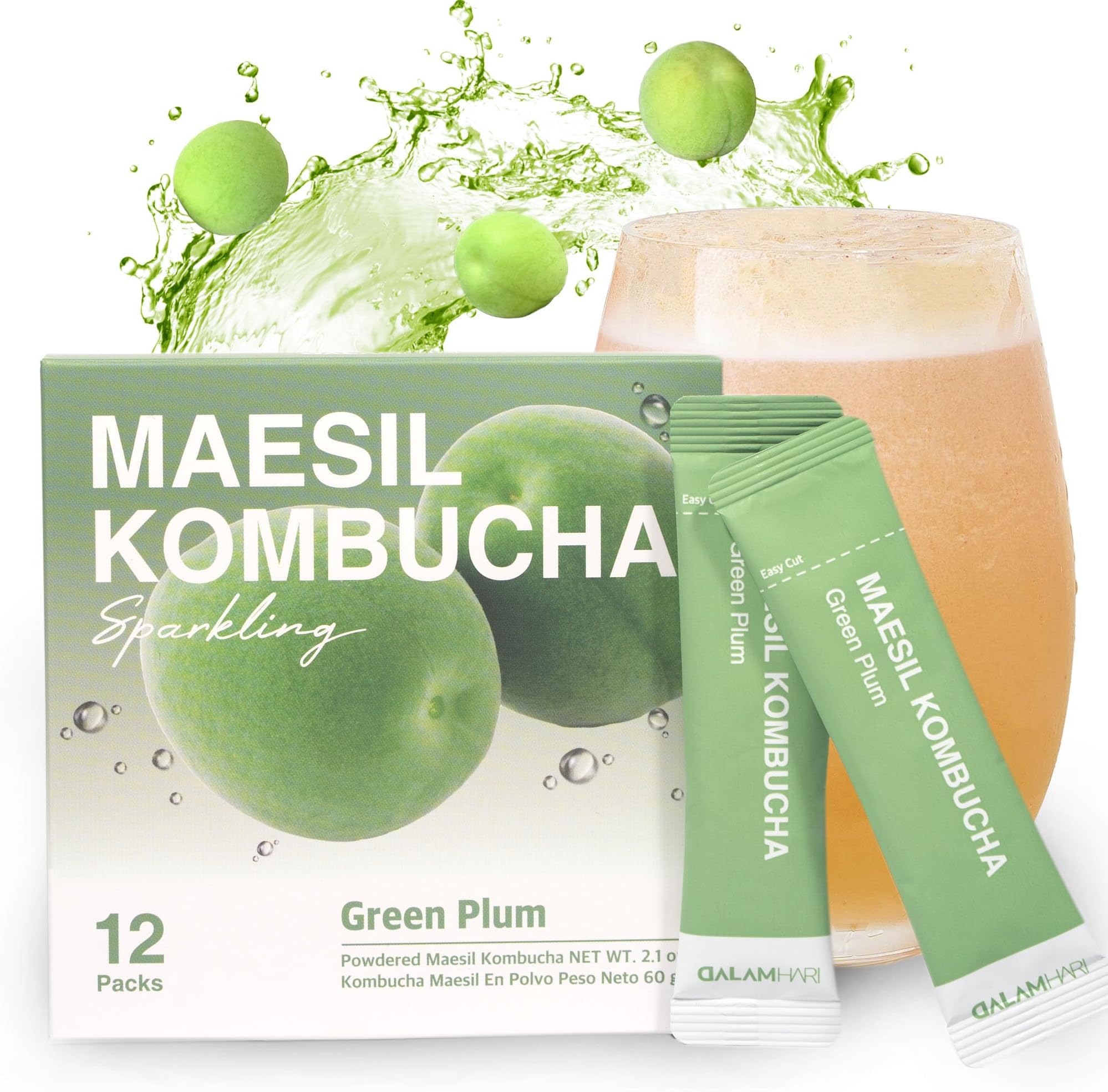 DALAMHARI Green Plum SUPER Kombucha Powder Tea, 12 Counts | 15kcal Scoby Fizz Sticks Urban Remedy Hydrant Powder Packets Switch Drink Health Ade Synergy Kombucha Kambutcha