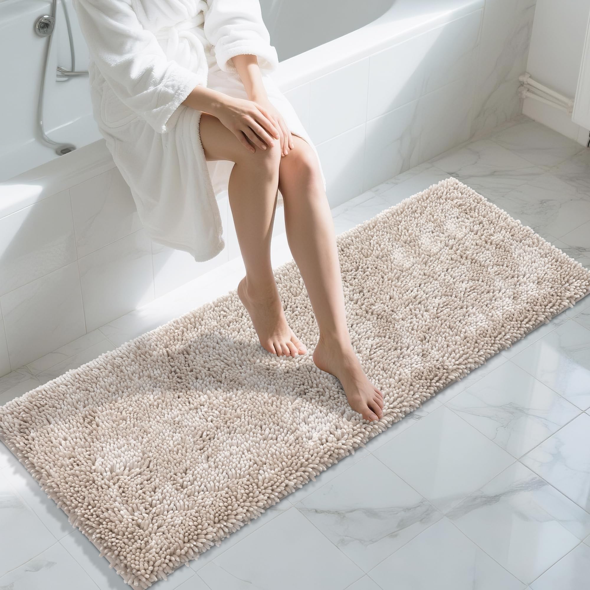 Yimobra Long Bathroom Rugs Runner 60x24 Inch, Extra Thick Soft Absorbent Chenille Bath Mat, Non Slip Machine Washable, Quick Dry Bath Rugs for Bathroom Floor, Tub and Shower, Khaki