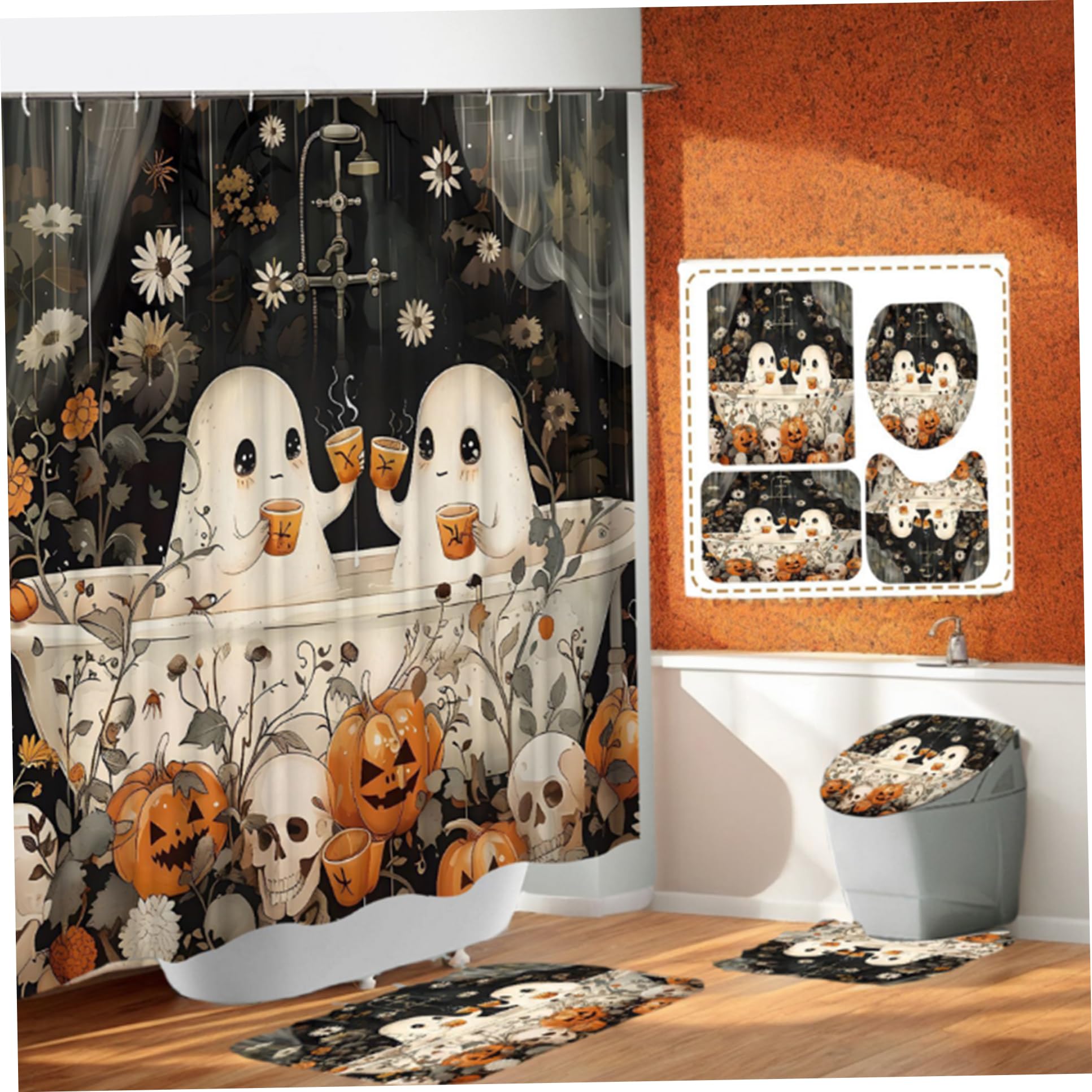 Ensemble de Rideaux de Douche d'halloween 4 PCS Ensemble Salle Bain Halloween imperméable avec Motifs effrayants Rideau Douche, Couvercle Toilette, Tapis Bain et Tapis en Forme U po