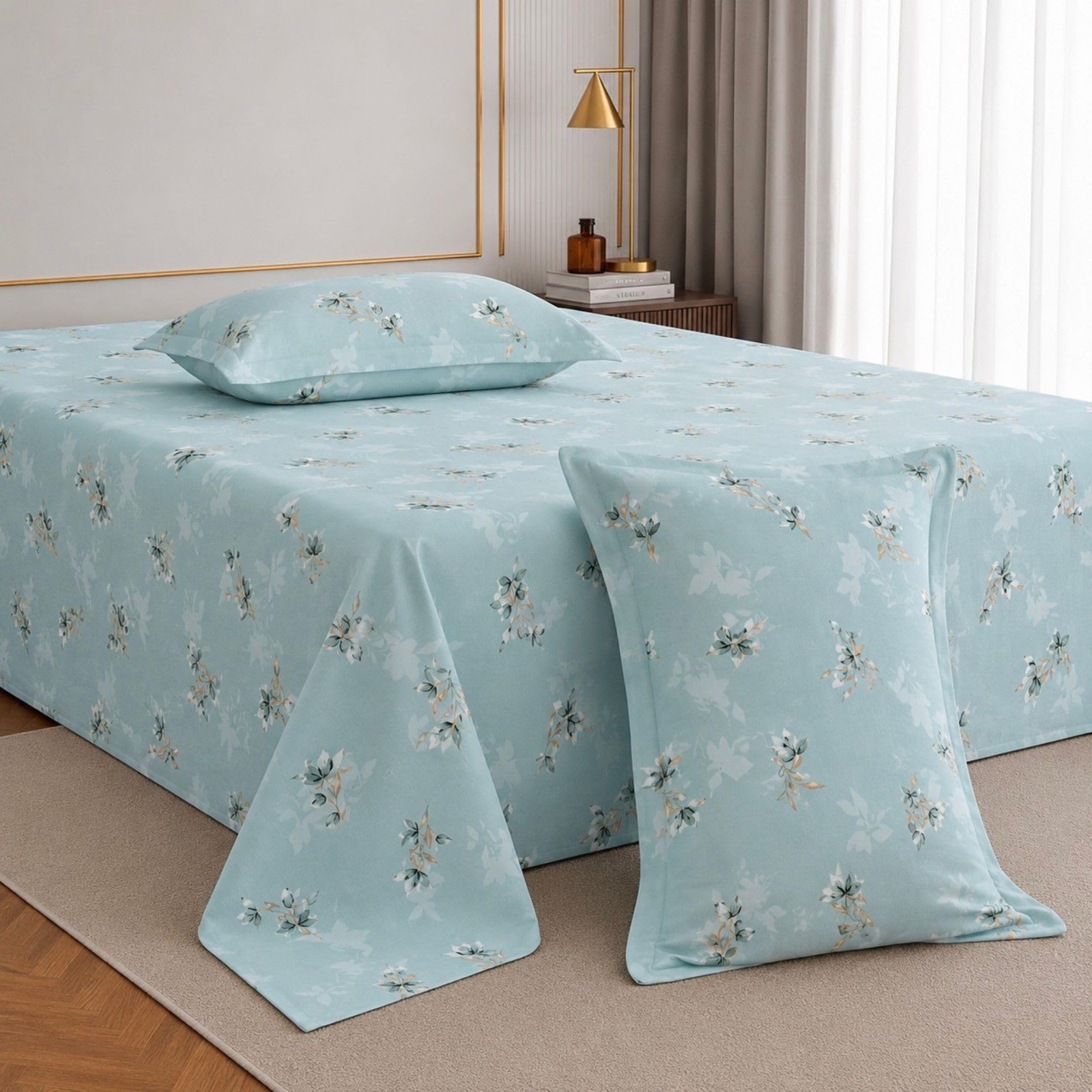 Plumora 100% Cotton Bed Sheet for King Size Bed, 1 King Size Bed Sheet Cotton (108 x 108 Inches) with 2 Pillow Covers, Premium 300 TC Bedsheet for Double Bed King Size (Serene Blue, Super King)-image-10