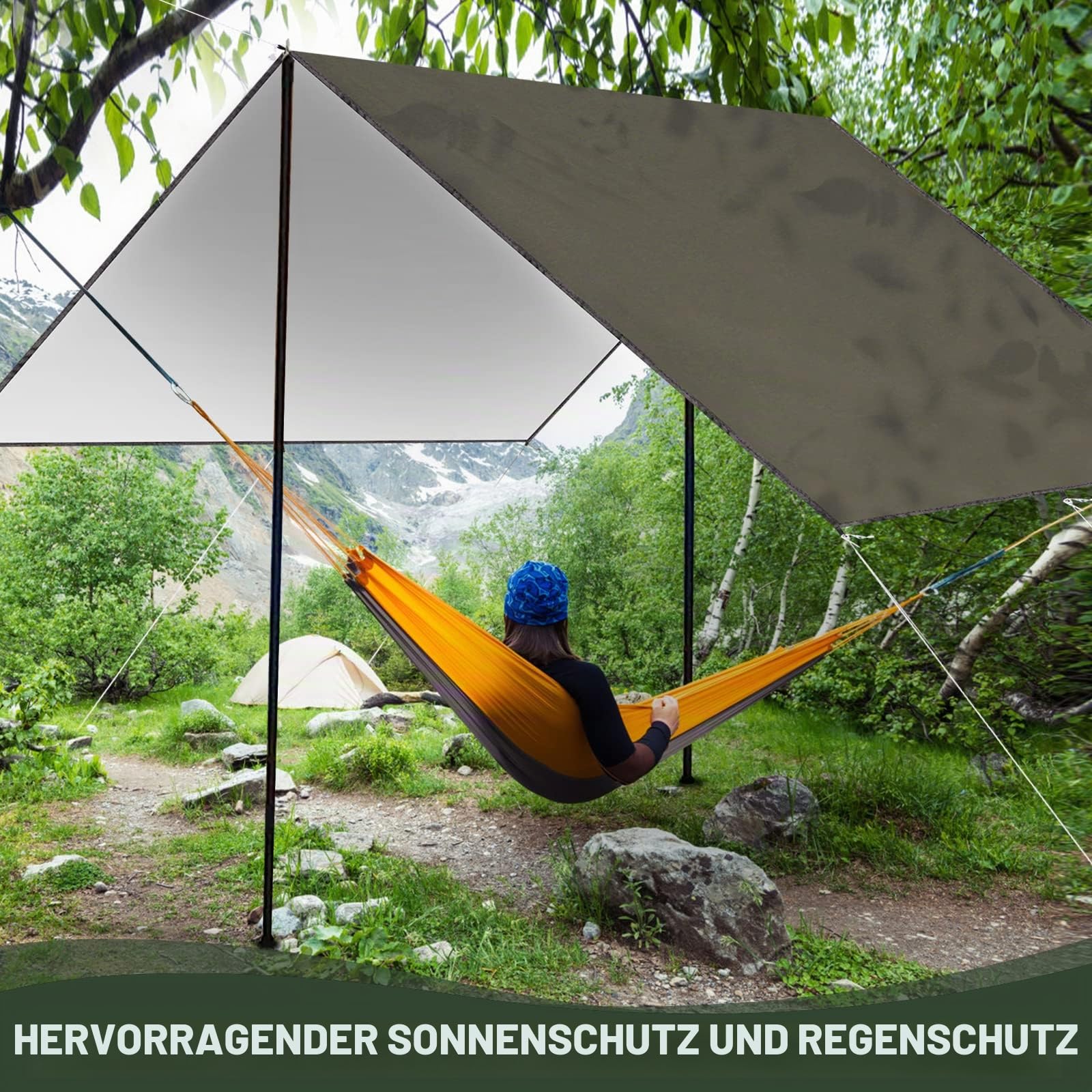 Camping Zeltplane 300 cm x 300 cm/400 cm wasserdichte Anti-UV-Hängemattenplane mit 8 Erdnägeln und 8 Seilen für Picknick im Freien