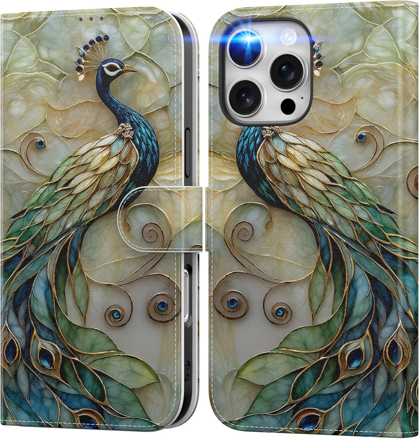 DEENAKIN for iPhone 16 Pro Wallet Case with Card Holder   Cash Clip, RFID-Blocking, Military-Grade Drop Protection & UV-Printed Artwork, Magnetic Closure with Leather Stand - Peacock and Flower