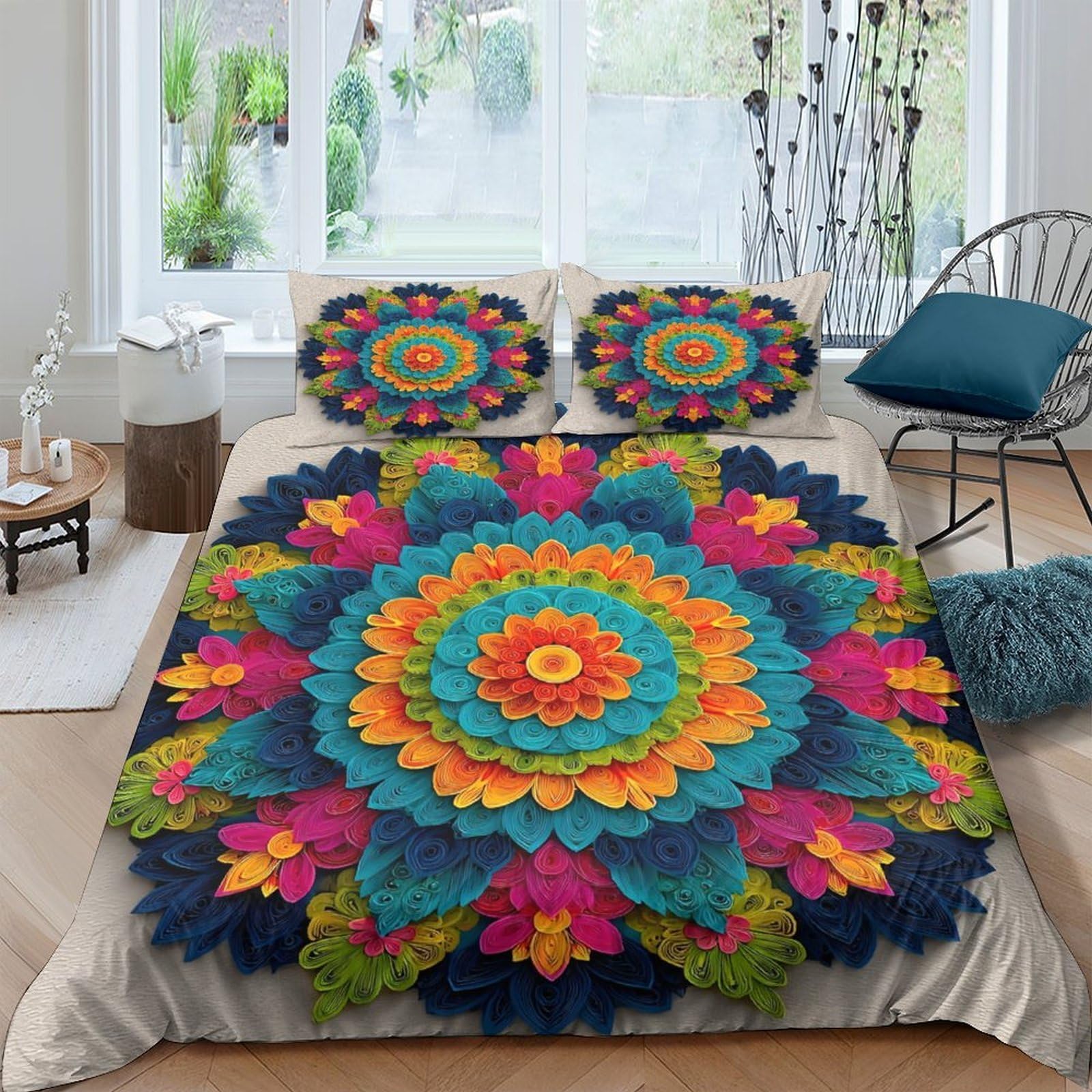 Ctjqhvkz Style-7 3D Printed Mandala Flower Fitted Sheet Microfiber Vibrant Boho Art Bed Cover For Bedroom Guest Room Mattress Protection Single（135X200cm）
