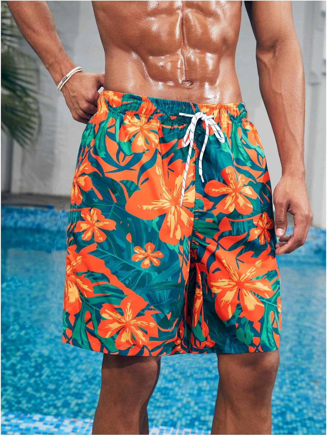 OYOANGLE Men's Swim Trunks Floral Print Drawstring Waist Summer Swimwear Beach Shorts Bathing Suit - Image 3
