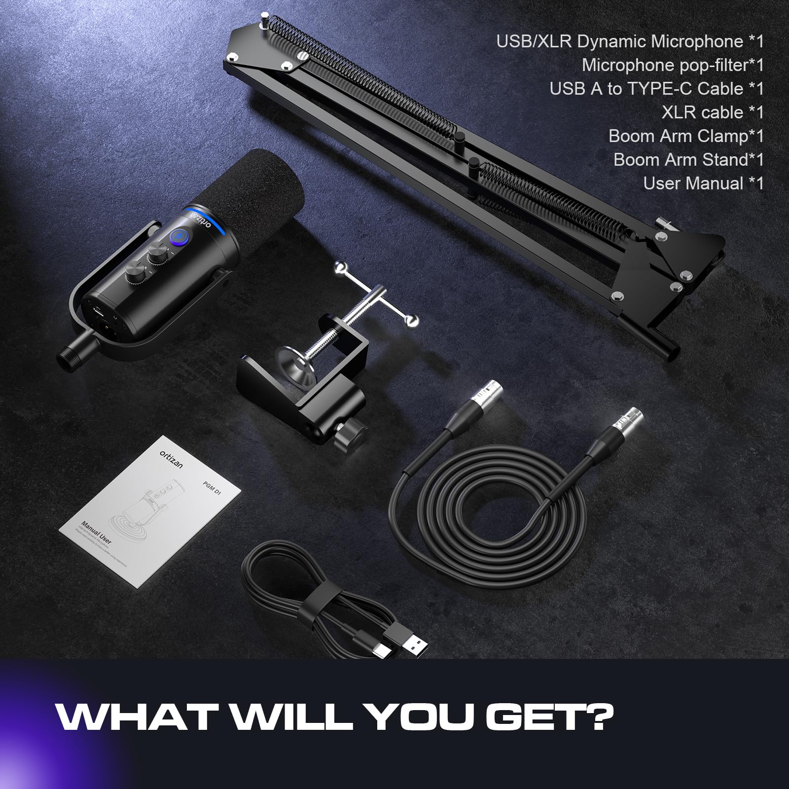 Ortizan Microfono dinamico XLR/USB, microfono per podcast, microfoni a condensatore con pulsante mute, effetti riverbero, cancellazione del rumore, supporto per braccio, jack per cuffie, streaming