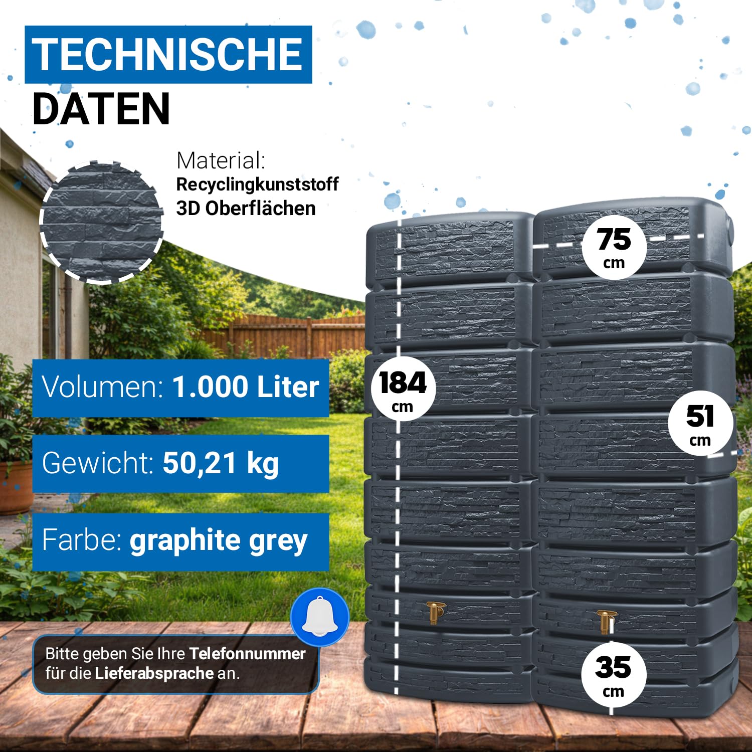 4rain Slim Stone Decor Regentonne Set 1000 Liter Graphitgrau – 2X Regenfass/Wassertank 500 Liter mit Verbinder + Hahn – Frostsicherer Regenwassertank/Regenwassertonne - Wassertonne für Garten