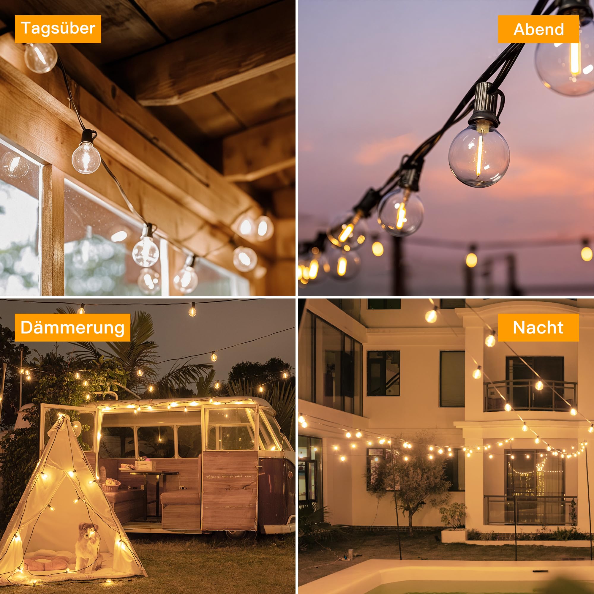 Ollny Cadena de luces solares para exteriores de 30 m con 50 + 2 bombillas LED, iluminación solar G40 para exteriores con mando a distancia, 3 modos de iluminación, función de temporizador, IP65