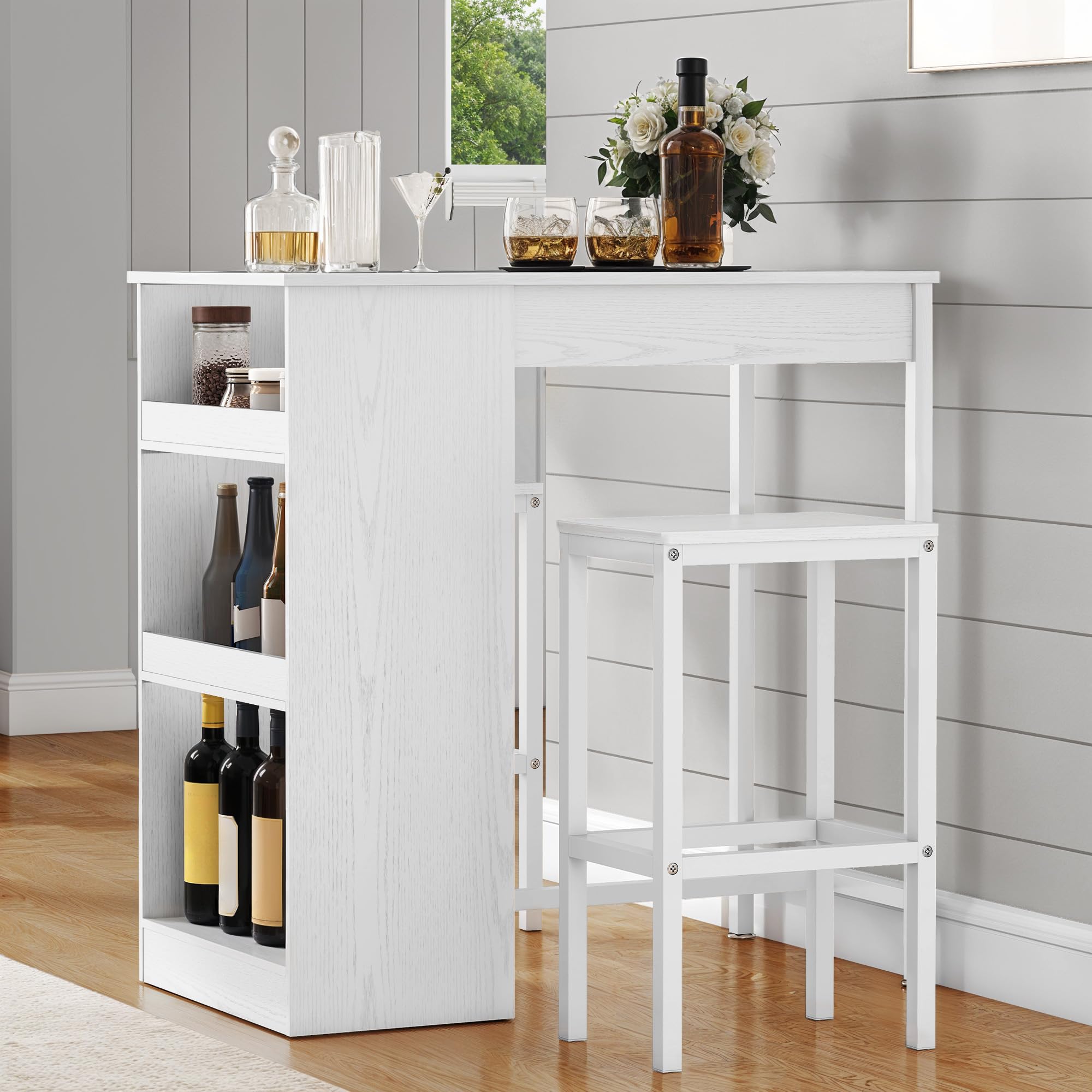 DWVO Barra de Desayuno, Mesa de Bar con 2 taburetes y Estante de Almacenamiento, Juego de Mesa de Bar de Estilo Industrial para Cocina, Comedor, Pub, Color Blanco | Juego de barra de desayuno, estante de almacenamiento para cocina, comedor, pub, marco de