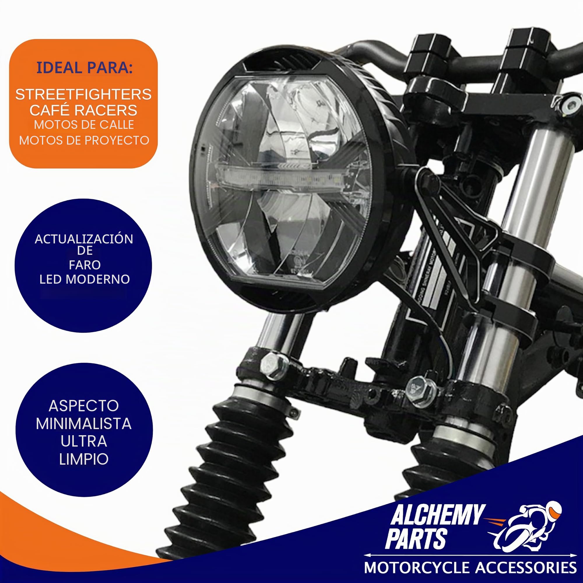 Alchemy Parts Faro delantero LED para motocicleta | Universal para Street Bike personalizadas | Luces de circulación diurna altas, bajas y DRL | 178mm