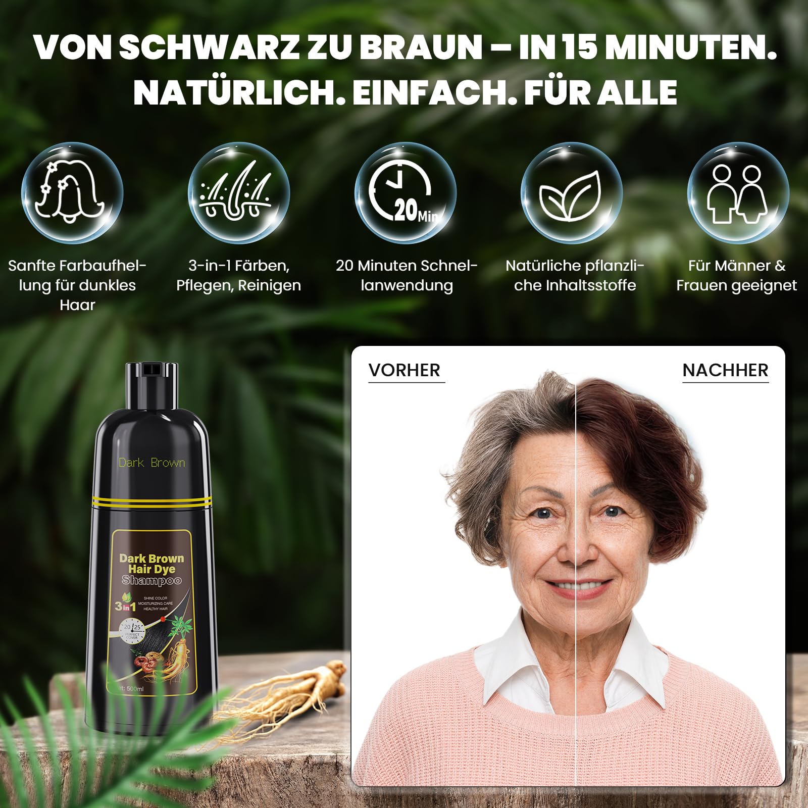 Dark Brown Hair Dye Shampoo Tinte para el cabello marrón oscuro 3 en 1 para hombres y mujeres, color vegetal natural, cobertura y cuidado, resultados de color instantáneos, champú para teñir el