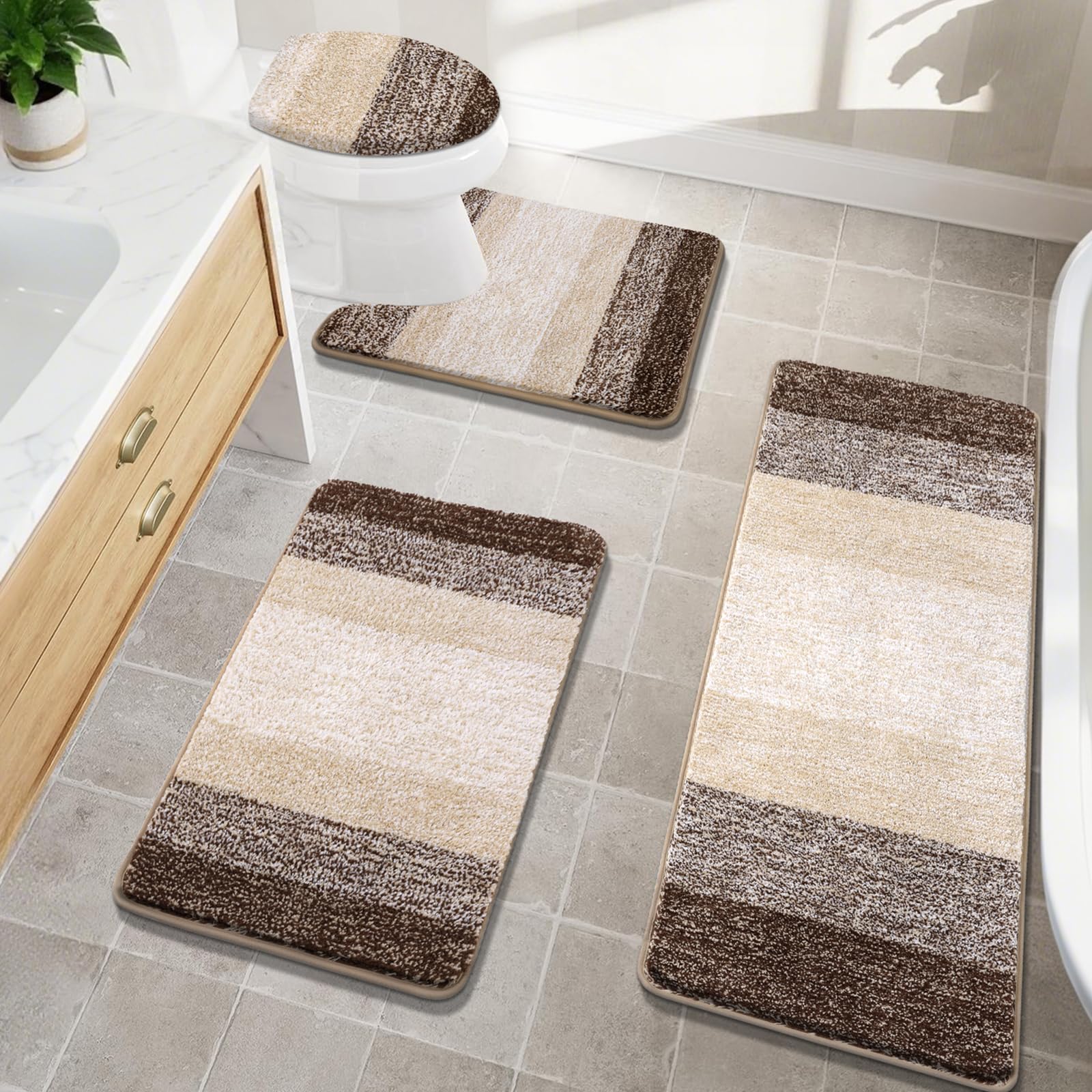 Bsmathom Bathroom Rugs Sets 4 Piece with Toilet Cover, Plush Shaggy Bath Rugs Set Non Slip Washable, Absorbent Microfiber Bath Mat with U-Shaped Contour Toilet Mat for Bathroom, Dark Coffe