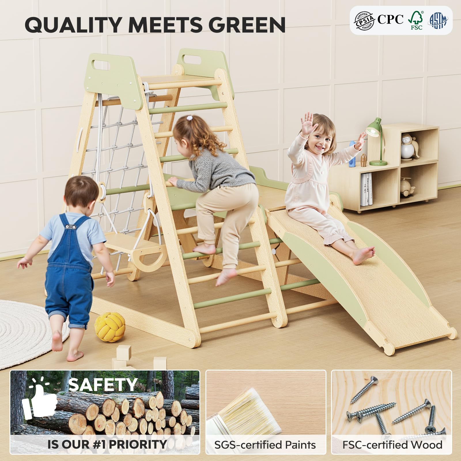 Triángulo de Escalada Infantil 12 en 1 Gimnasio Montessori Psicomotricidad Parque Interior para Niños Estable Conjunto de Juguetes de Madera con Tobogán, Muro, Red, Balancearse, Pizarra 1+ Años