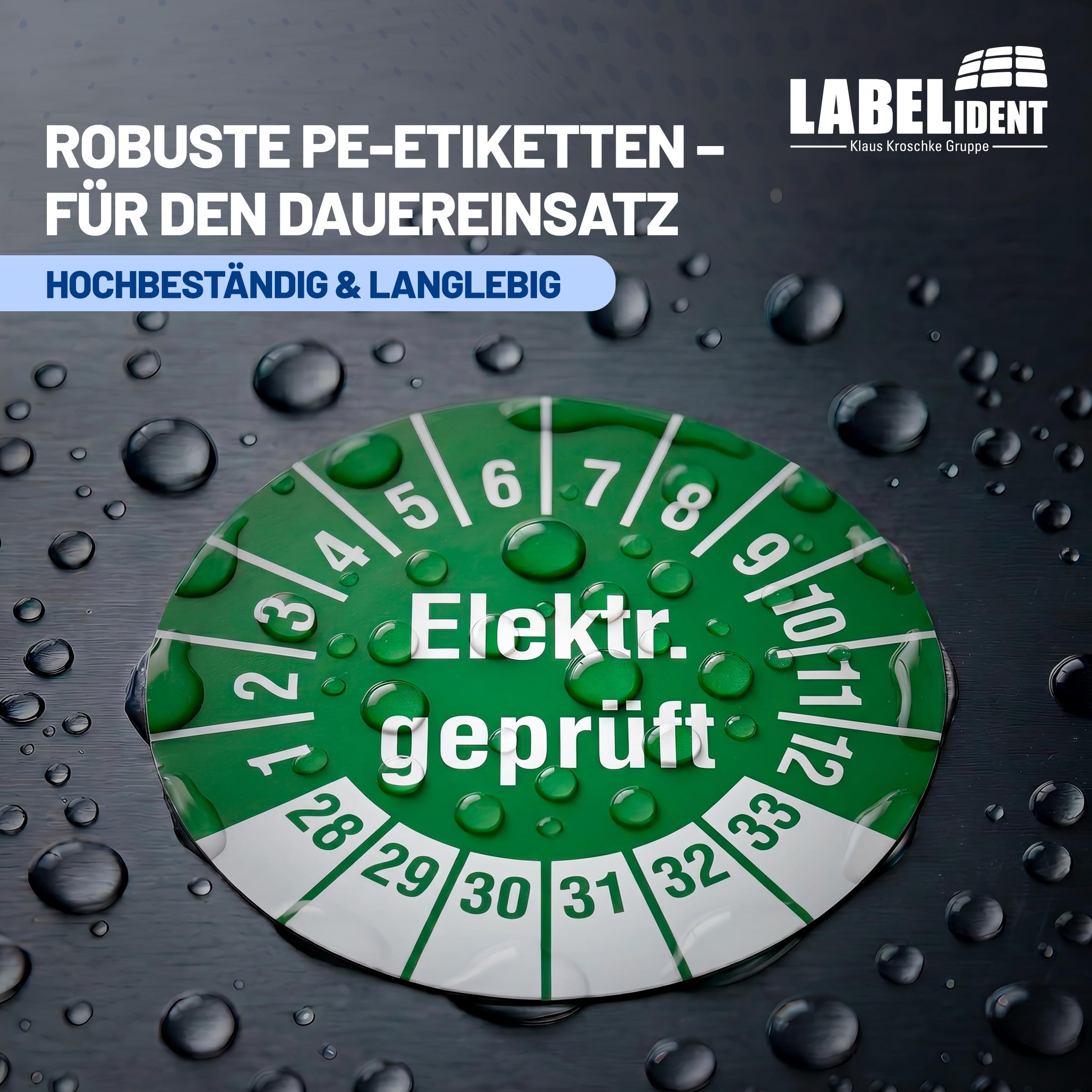 Labelident Prüfplaketten Elektr. geprüft - Ø 20 mm - 1.000 auf Rolle, 2028-2033, selbstklebend