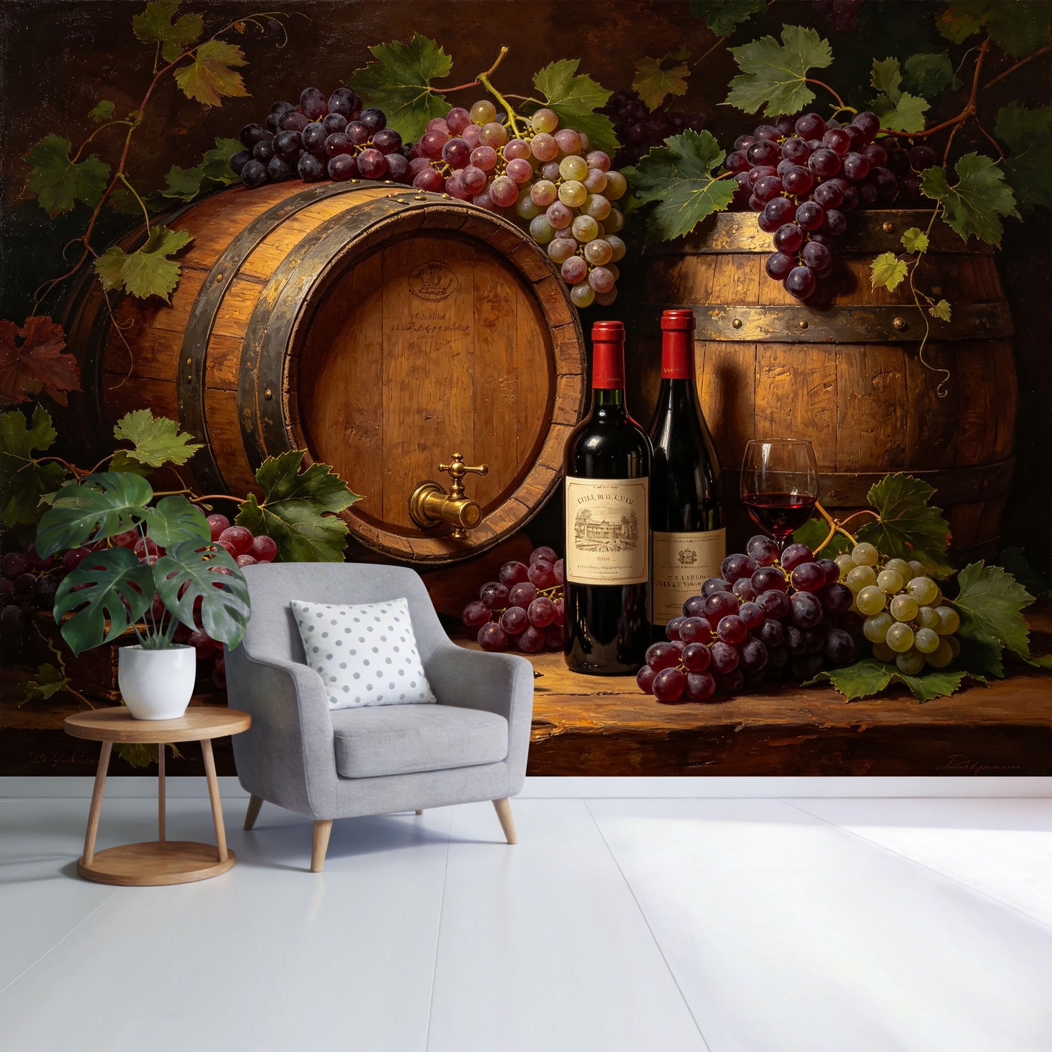 Custom Size Wall Mural Wine Barrel Grapes Vineyard Rustic Still Life Vintage Oil Painting Style SelfAdhesive Wall Fabric Removable Wallpaper for Home Office Decor