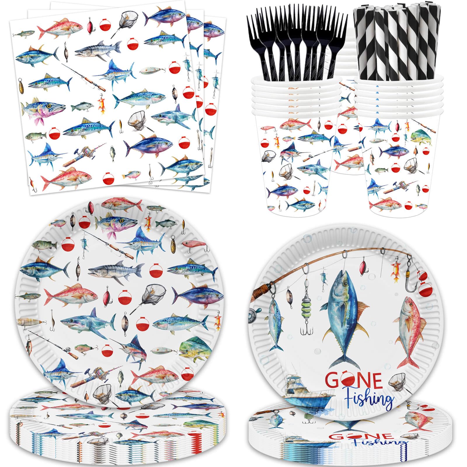 Assiettes en papier thème pêche pour décoration de table anniversaire Gone Fishing