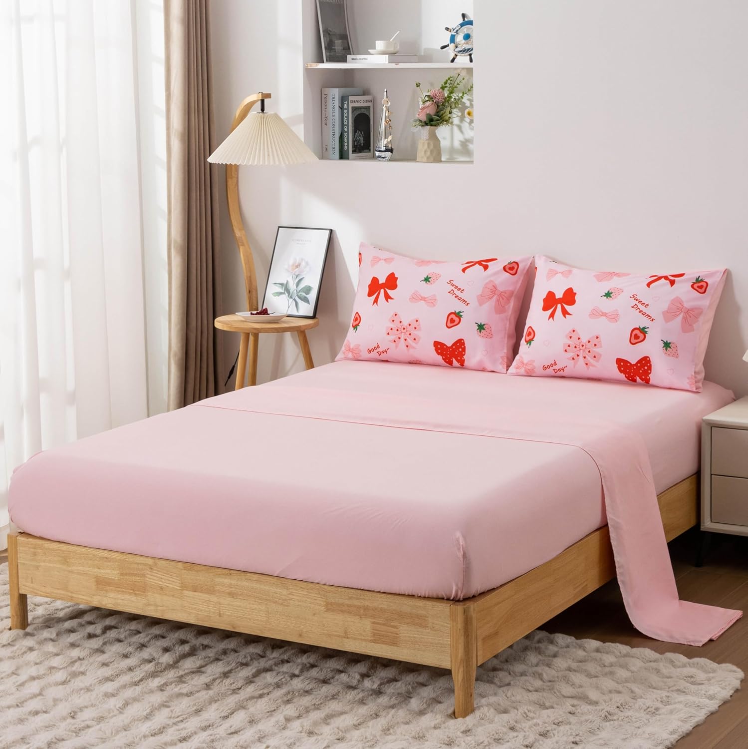 Btargot 5 Piece Blush Bowknot Comforter Set for Girls Kids, Twin Size Cartoon Strawberries Bow Tie Bedding Set, Bed in a Bag with Comforter, Sheets and Pillowcases