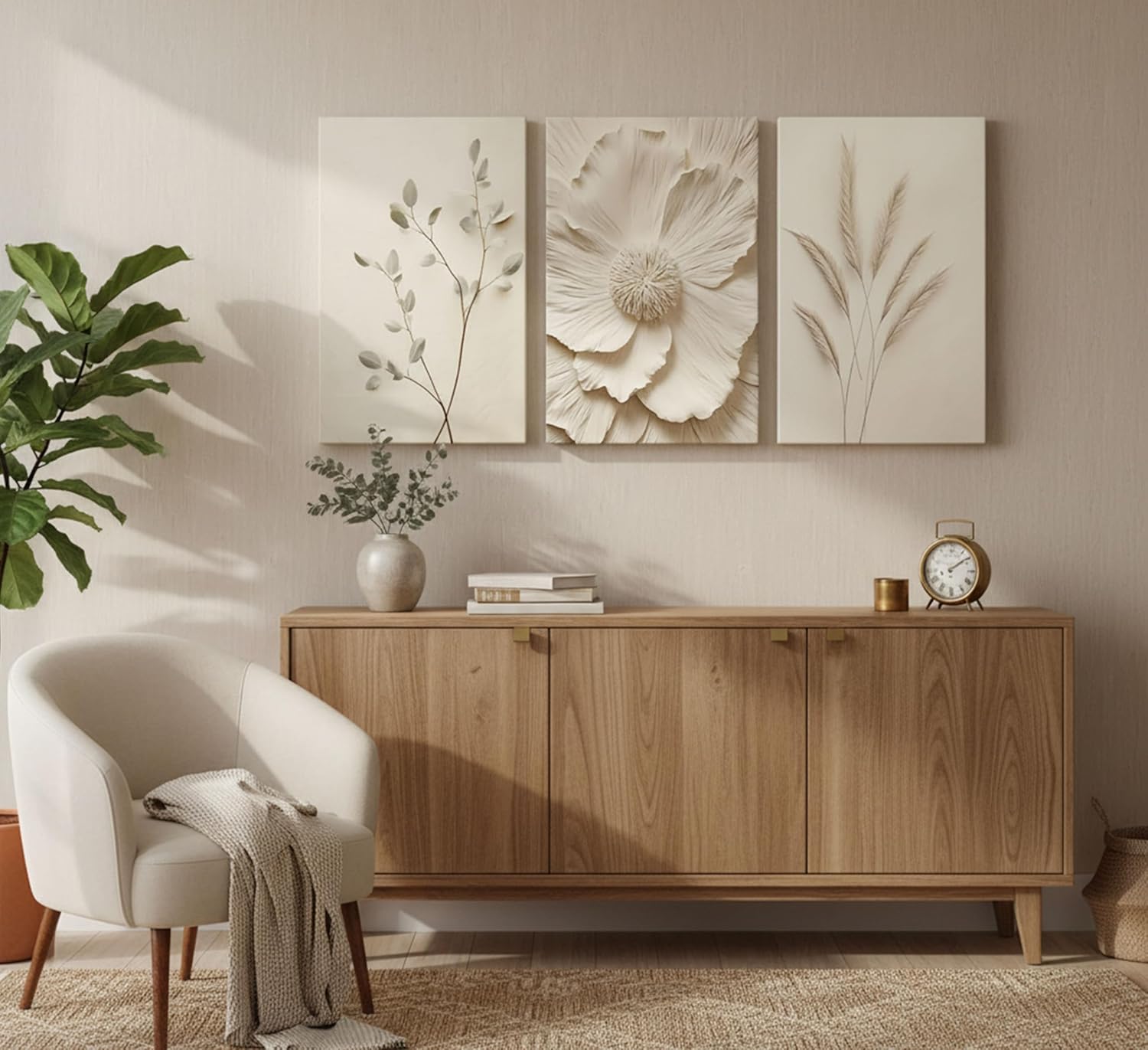 3Pcs Neutral Beige Floral Plant Canvas Wall art Textured Flower Botanical Painting Picture Wall Decor Vintage Blossom Poster Prints for Living Room Bedroom Bathroom Decoration