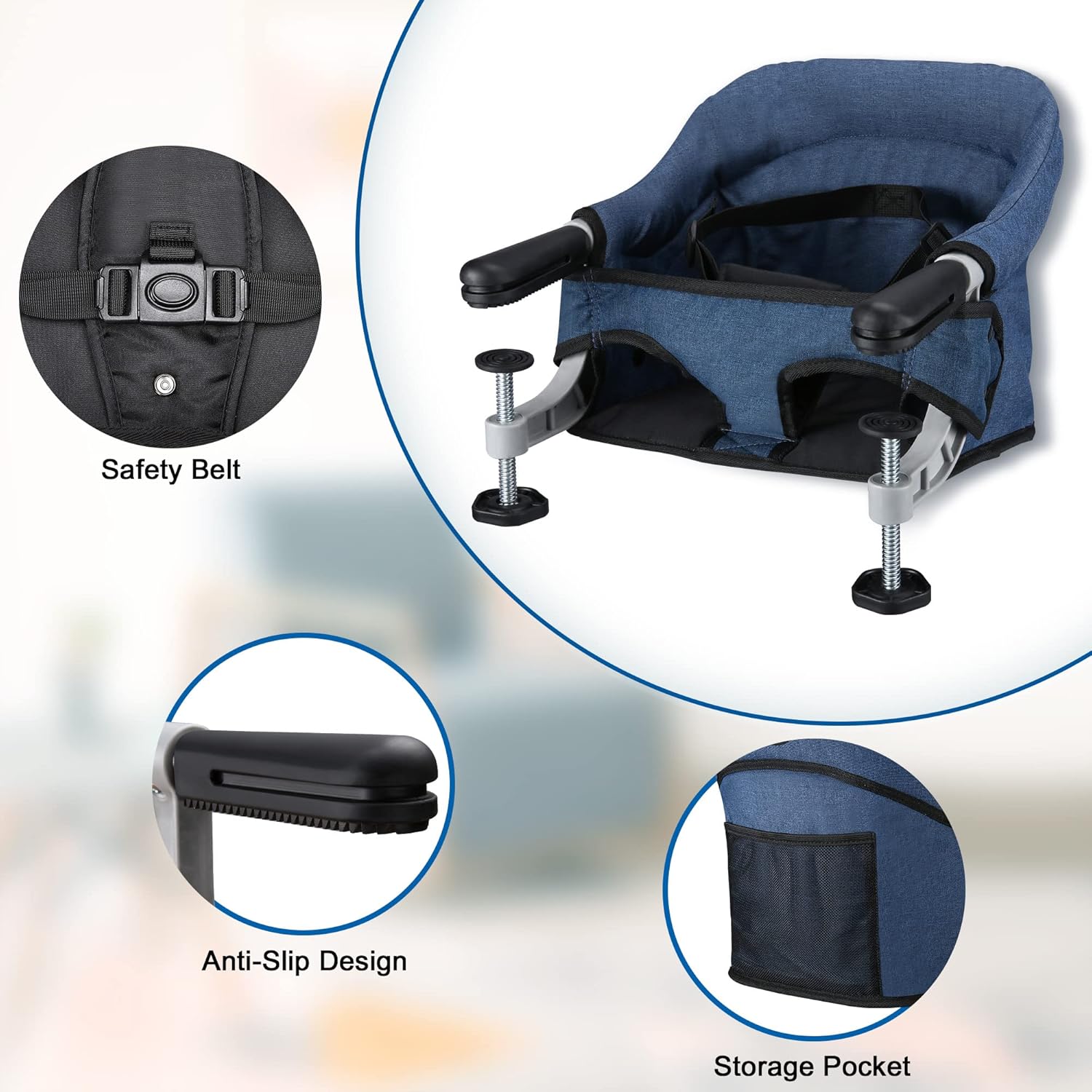 Hook On Chair, Clip on High Chair, Fold-Flat Storage Portable Baby Feeding Seat, High Load Design, Attach to Fast Table Chair Removable Seat for Home and Travel(Navy Blue) : Baby