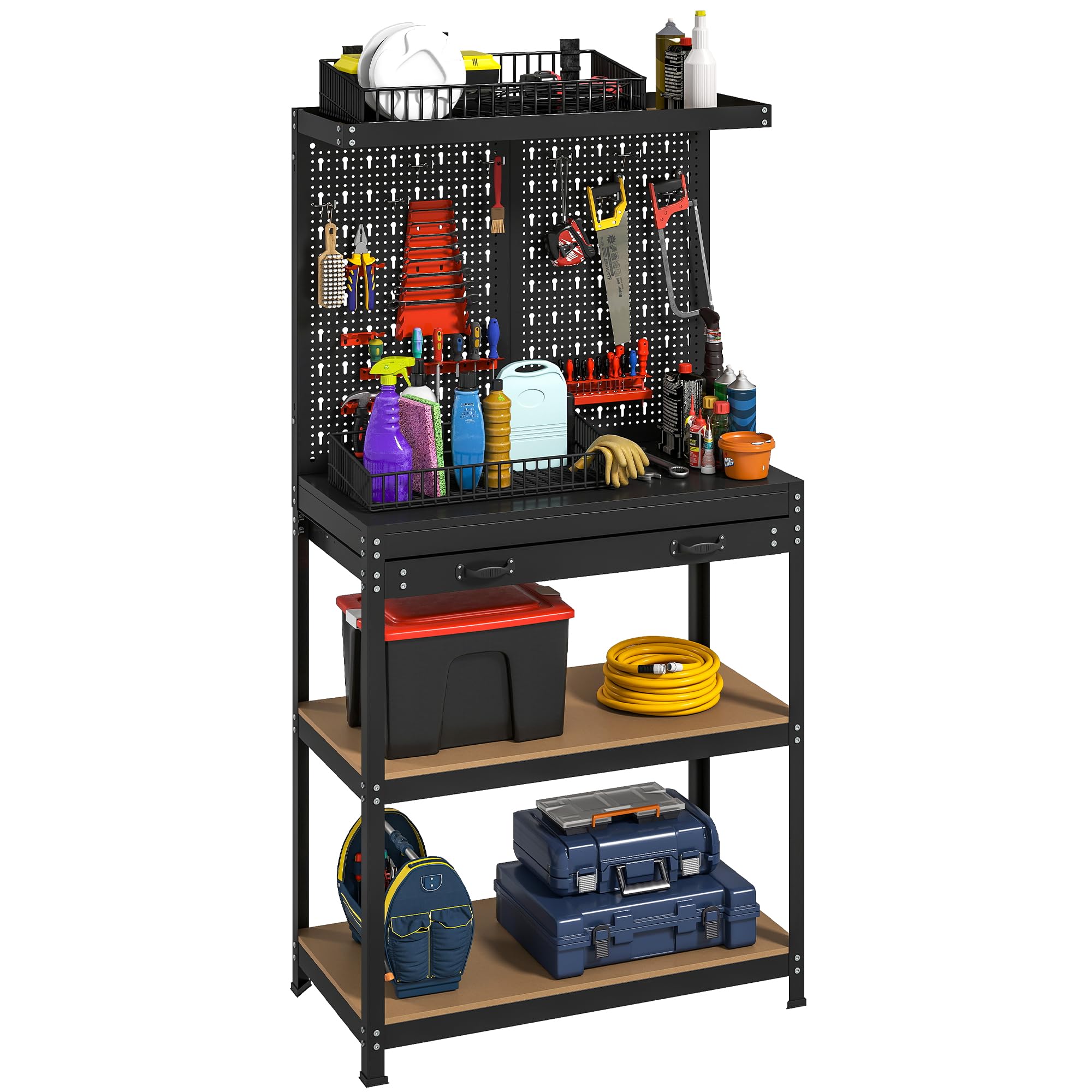 HOMCOM Banco da lavoro 80 x 40,5 x 155 cm, con parete forata, gancio, cassetto, 2 ripiani, tavolo da lavoro 240 kg, portata tavolo da lavoro in metallo, per officina, colore nero