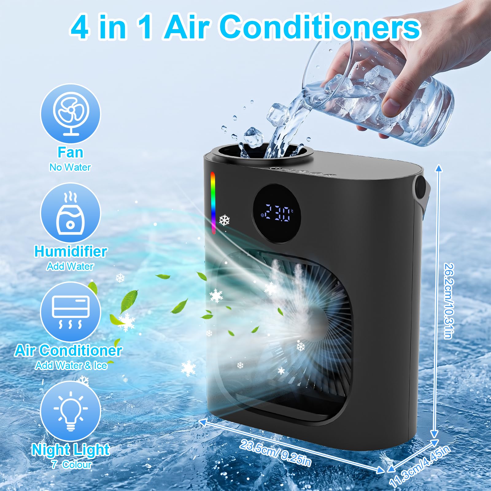 Aire Acondicionado Portatil, GuKKK 4 en 1 Mini Refrigerador de Aire Móvil Ventilador, 900ML Enfriador de Aire, USB Mini Aire Acondicionado, 3 Velocidades de Ventilador, para Hogar (Negro)