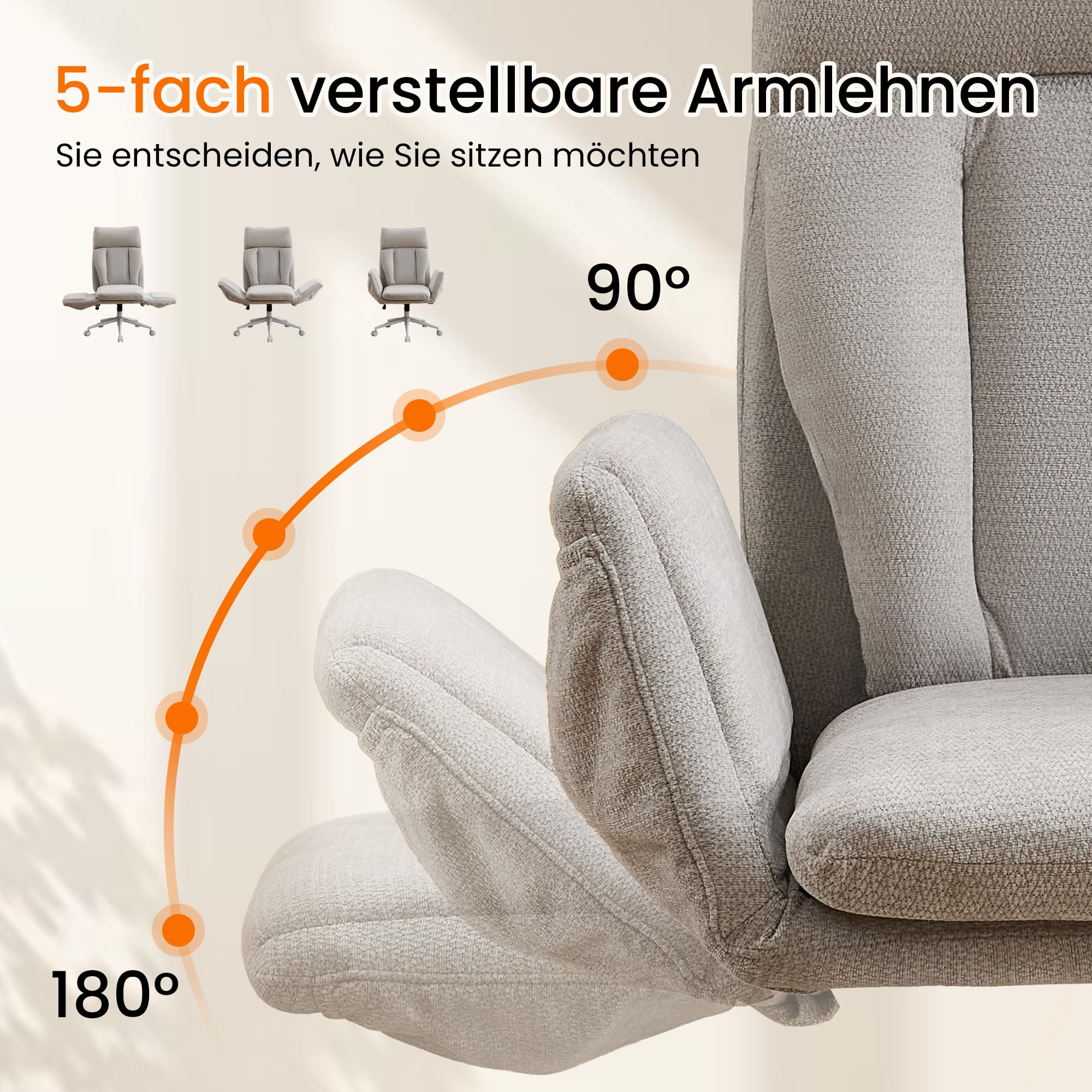 Großer Bürostuhl ergonomisch, Chefsessel mit klappbaren Armlehnen, höhenverstellbar Schneidersitz Schreibtischstuhl mit Rollen, Chenille Drehstuhl mit Verstellbarer Lendenstütze, Grau