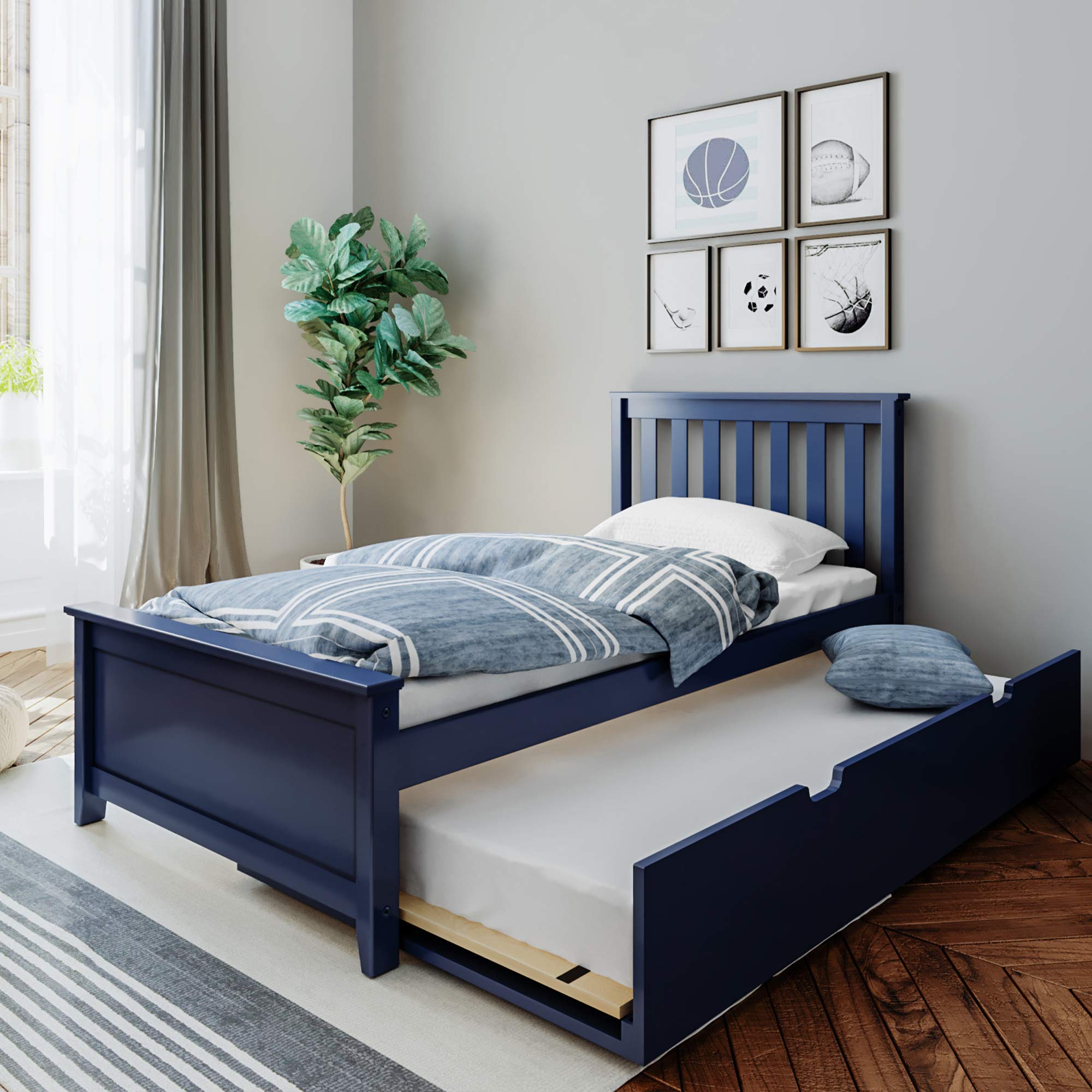 BEDSMART Twin Size Bed with Pull-Out Trundle, Solid Wood, Space