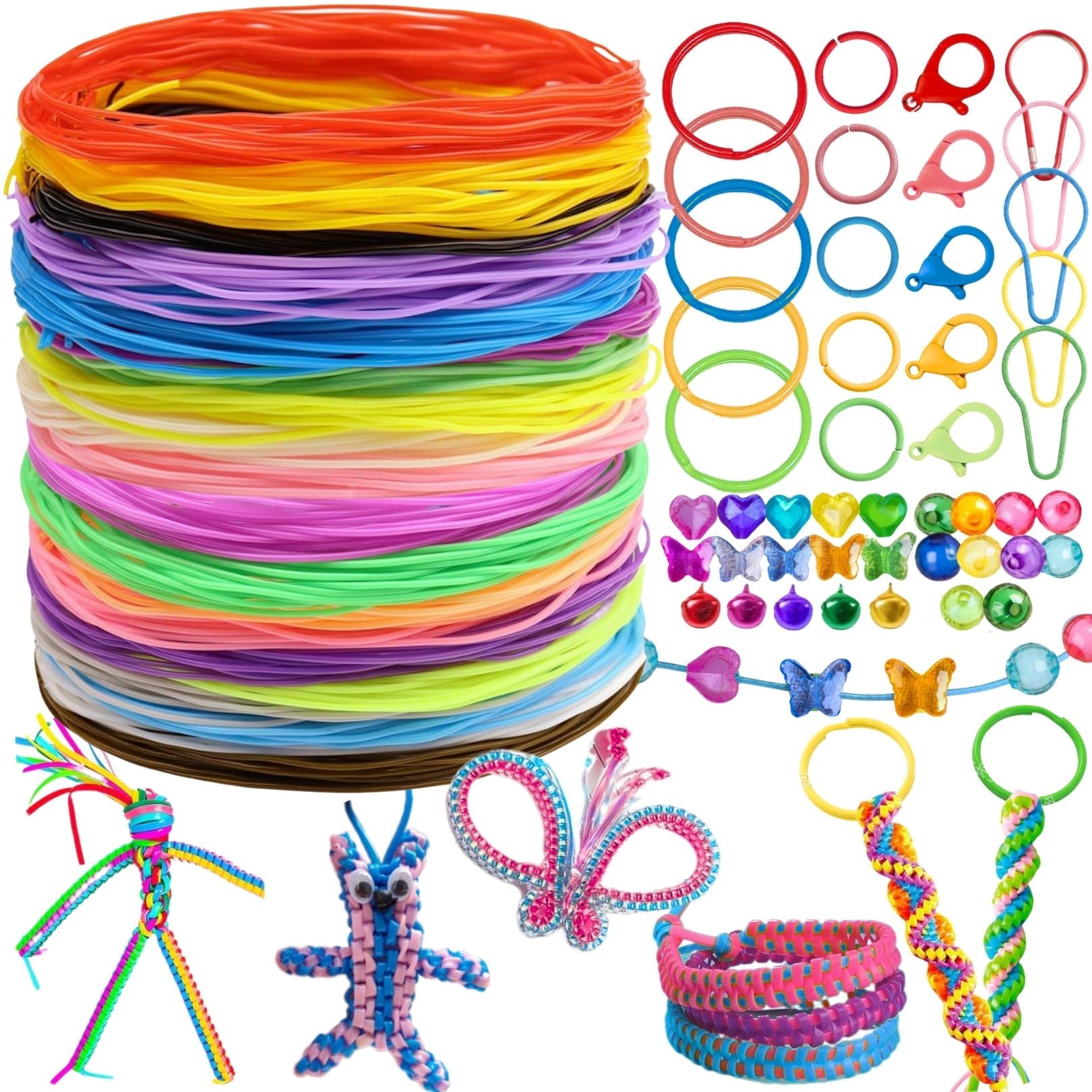 250 PCS Scoobies Strings Kit,200 Scoubidou Strings in 20 Colours with 10 Keyrings,10 Hooks,25 Beads,5 Bells,Scoobies Cords for Bracelets,Keyrings and DIY Projects