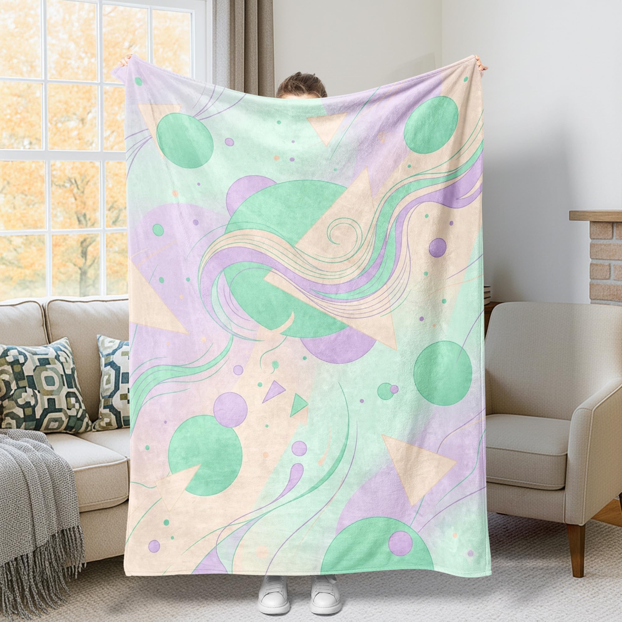 Couverture jeté de lit vert pastel flanelle motifs géométriques plaid canapé 127x152 cm