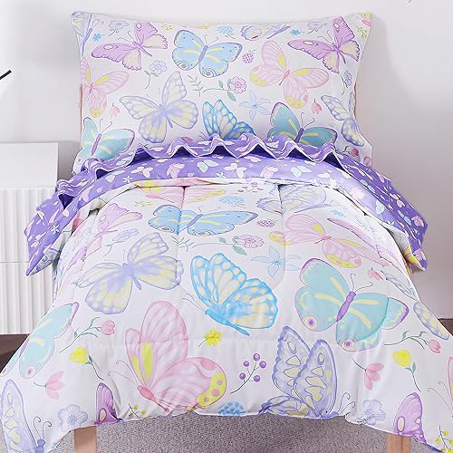 Viviland Juego de edredón de mariposas coloridas para niños pequeños, lindo juego de ropa de cama para niñas pequeñas, juego de cama de mariposas de