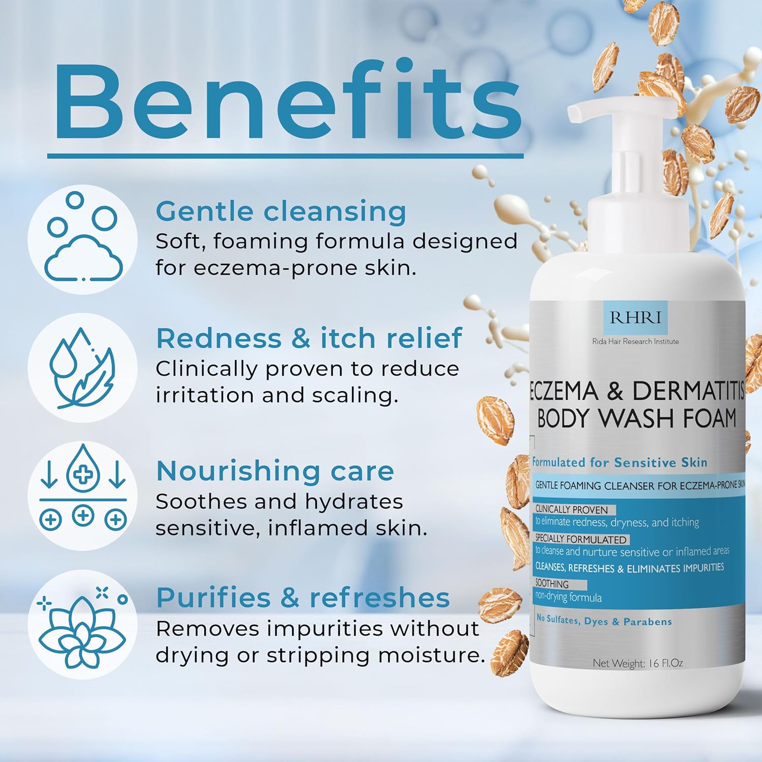 Eczema Body Wash Sensitive Skin | Eczema Treatment | Foaming Cleanser For Eczema Prone Skin | Soothes Dryness & Itching, Gentle On Dermatitis, Sulfate-Free With Free Scrubber Brush - Image 2