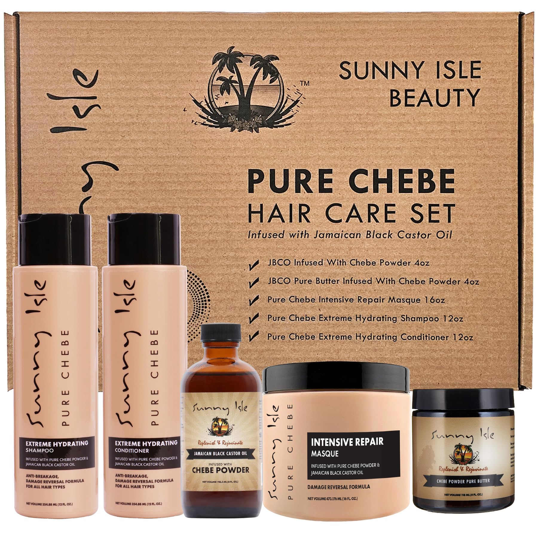 Sunny IslePure Chebe Hair Care 5-Piece Boxed Bundle Gift Set Infused with Jamaican Black Castor Oil