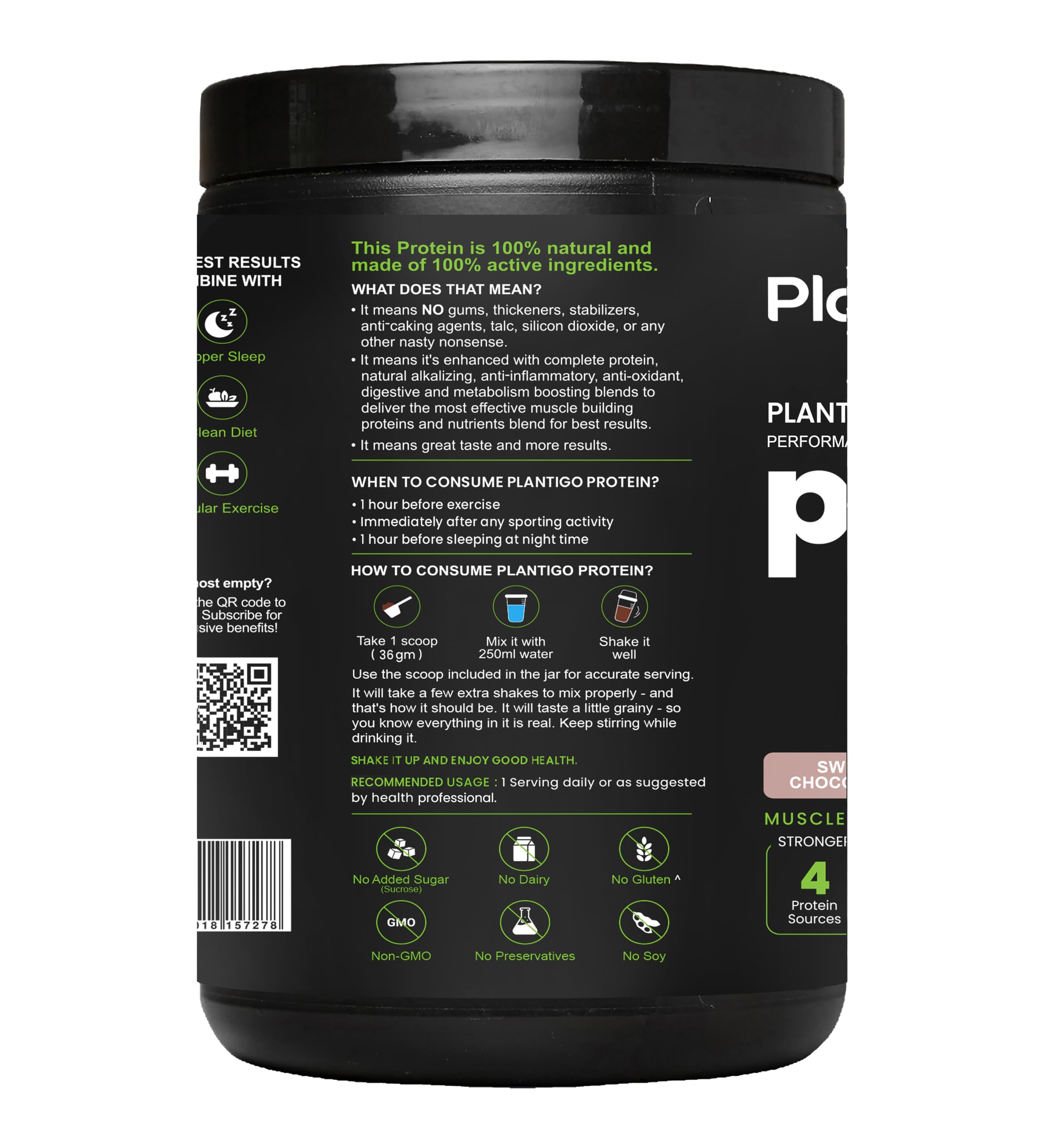 Plantigo Clean Plant Protein Powder for Men, Women -24g Protein, 4g Fiber, 4g BCAA, 2g Leucine, Antioxidants, 11 Vitamins, 8 Minerals, Brown Rice, Pea (Swiss Chocolate Flavored + Protein Sipper 600ml) 1