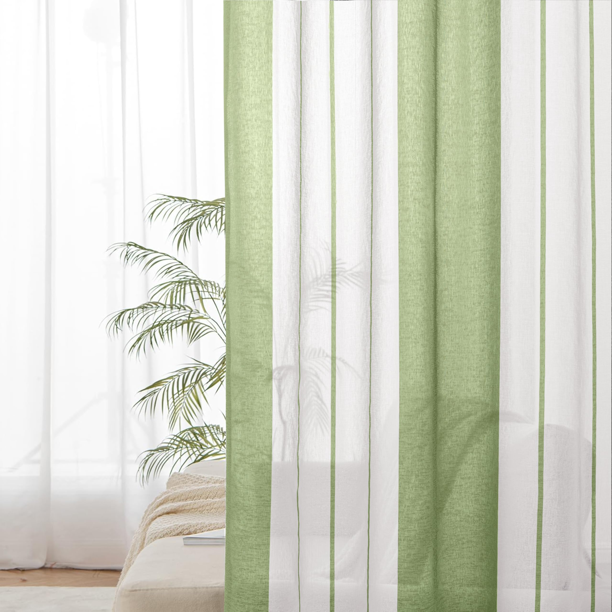 EMEMA Rideaux Rayés Transparent Voile 2uds 140x245cm Blanc Vert Clair | Rideau Moderne Avec Œillets Pour Salon Chambre, Voile Léger Rayé, Lumière Naturelle Et Intimité, Facile À Accrocher
