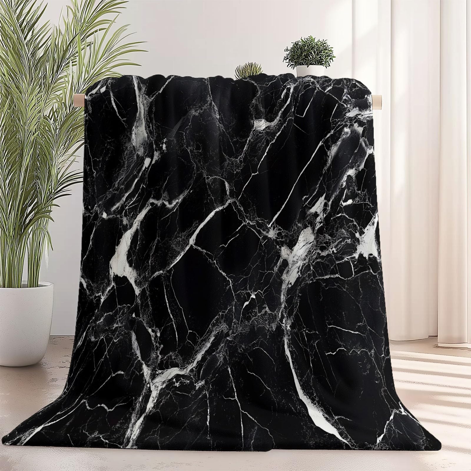 Manta súper Suave, Mantas de Forro Polar de Franela cálida para sofá, Manta de Cama de Felpa Moderno Mármol Líneas Abstracto para Todas Las Estaciones (Negro, 150×200 cm)