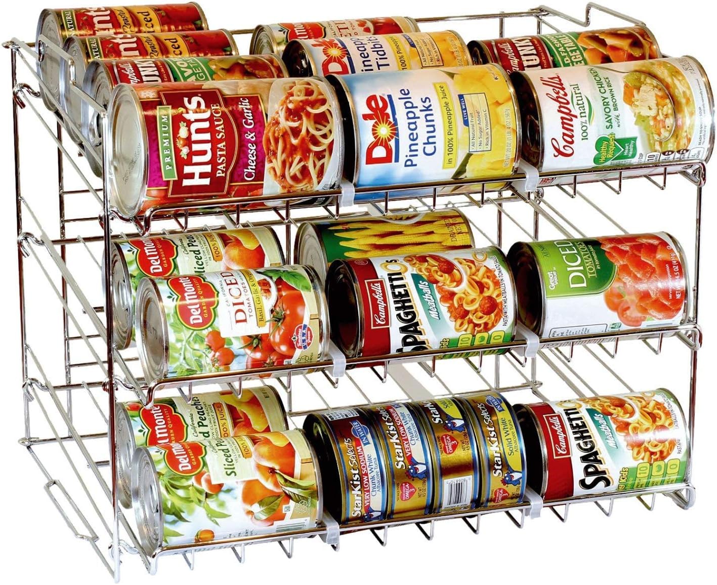 Greenfields 3 Tier Kitchen Can Rack Organizer - Stackable Pantry Shelf Counter Top Kitchen Cabinet - Storage for 36 Cans - Maximise Space - Gauge Steel Finished in Chrome