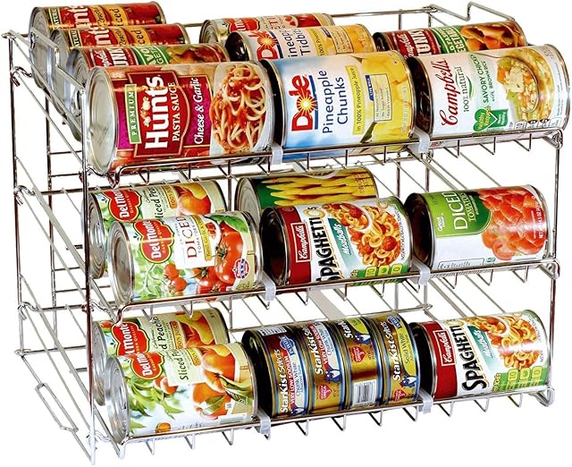 3 Tier Kitchen Can Rack Organizer - Stackable Pantry Shelf Counter Top Kitchen Cabinet - Storage for 36 Cans - Maximise Space - Gauge Steel Finished in Chrome