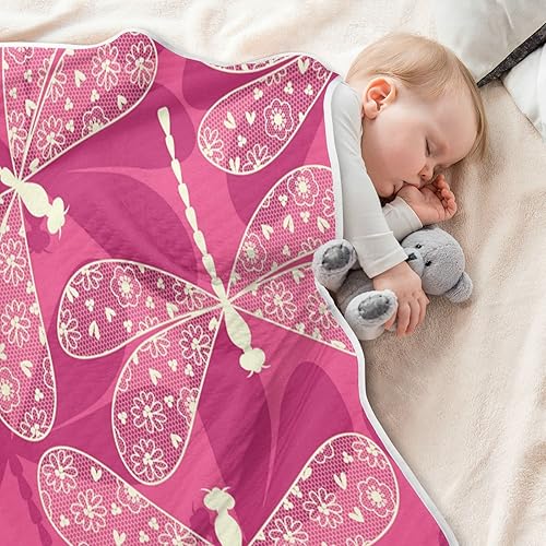 Miniatura 5 de Kigai Manta de bebé rosa libélula, mantas acogedoras para recién nacidos y niños pequeños, manta de bebé suave y cálida para cuna cochecito