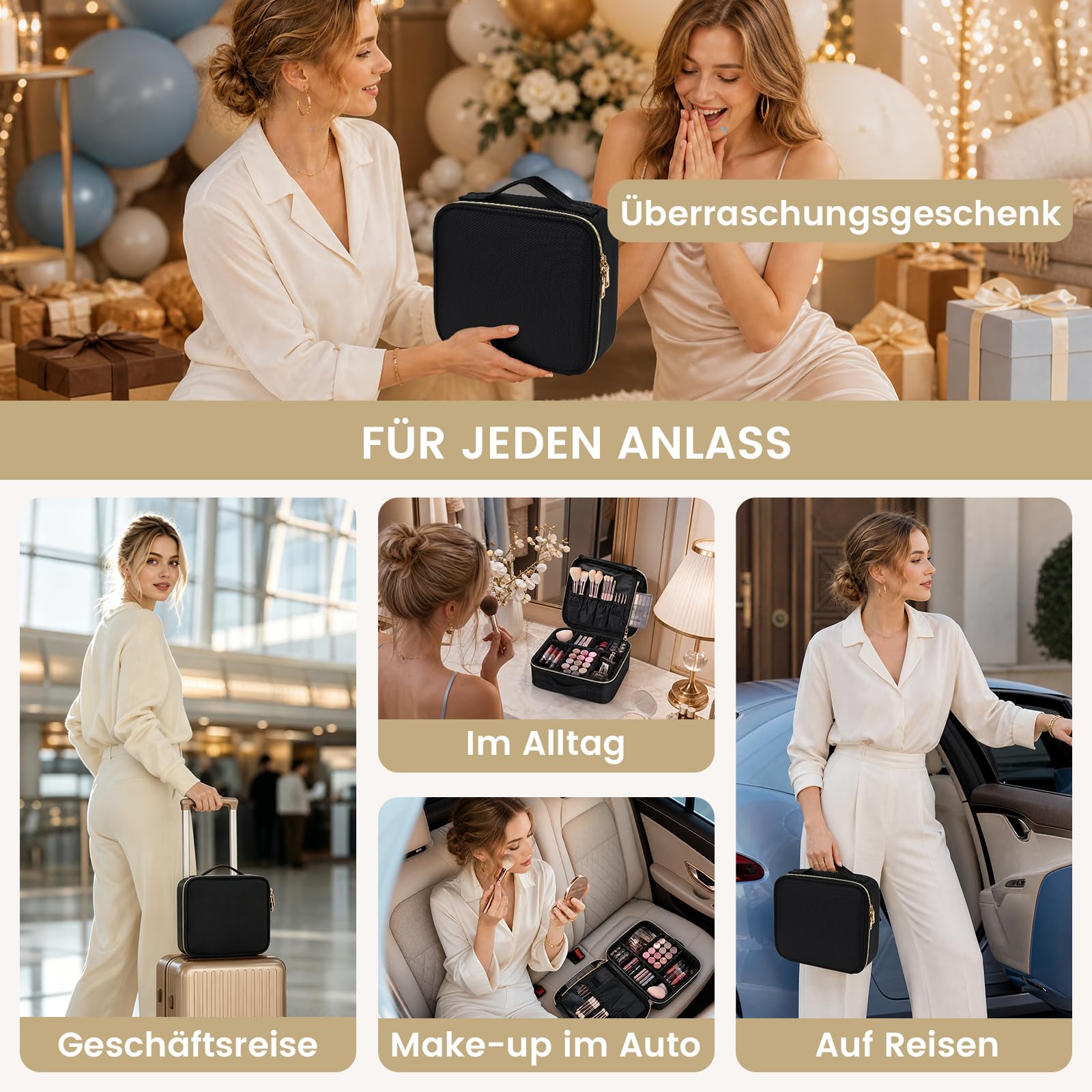 Kosmetiktasche Damen Make up Tasche Make up Koffer Kosmetikkoffer Kleine Schminktasche Schminkkoffer Make up Organizer Tasche Make up Bag mit Verstellbaren Teiler,Schwarz