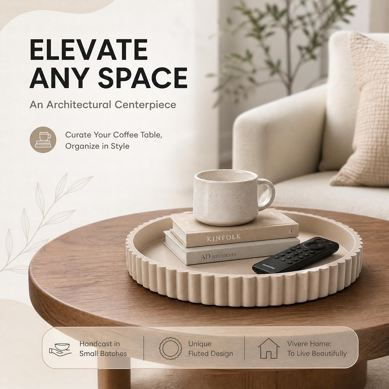 11-Inch Concrete Round Tray Home Decor for Coffee Table Decor - Round Coffee Table Tray - Circular Kitchen Island Trays - Decorative Trays- Beige